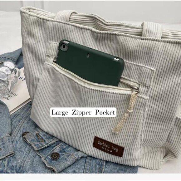 Women Corduroy Tote Bag Large Multi Pockets Casual Shoulder Bag for Work Travel - Picture 4 of 7